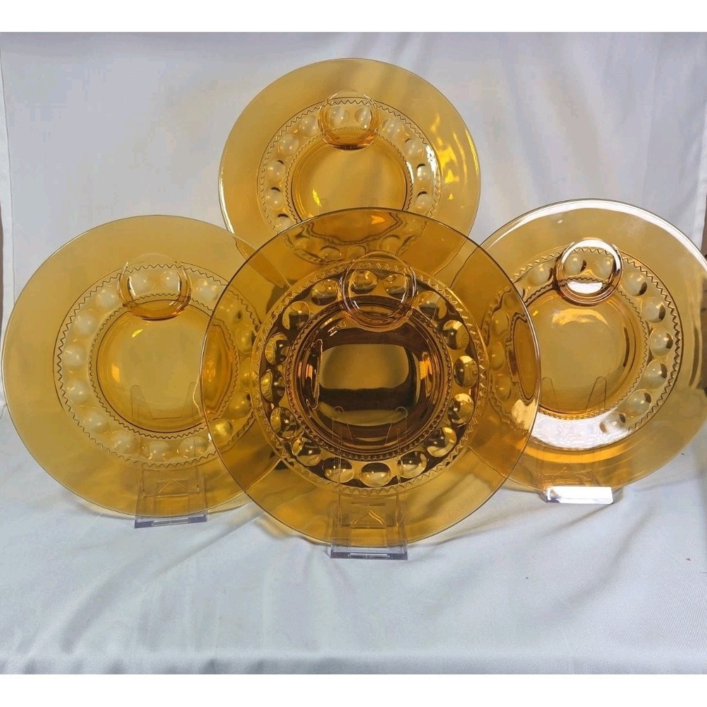 VTG Kings Crown Thumbprint Indiana Glass 10 1/4" Amber Snack Dinner Plates set 4